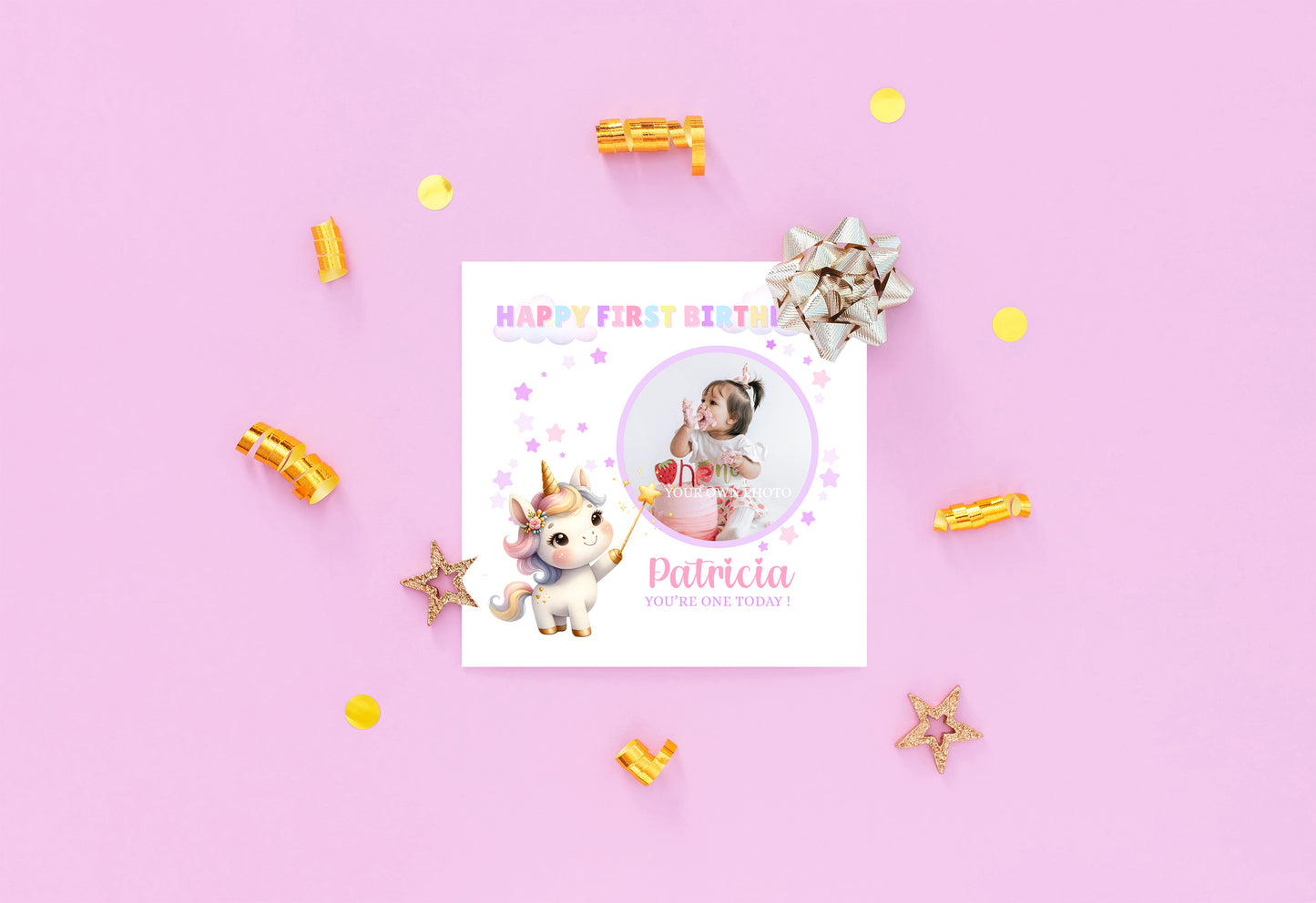 Personalised Photo 1st Birthday Card for Baby Girl – Cute Unicorn Design with Custom Photo and Name – One Year Old First Birthday Card for Daughter, Granddaughter, Niece – Pink Envelope Included