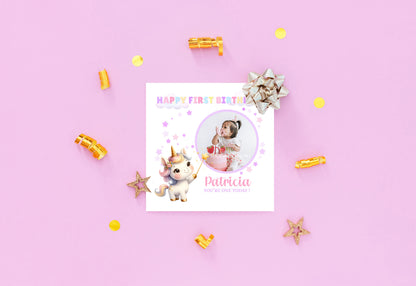 Personalised Photo 1st Birthday Card for Baby Girl – Cute Unicorn Design with Custom Photo and Name – One Year Old First Birthday Card for Daughter, Granddaughter, Niece – Pink Envelope Included