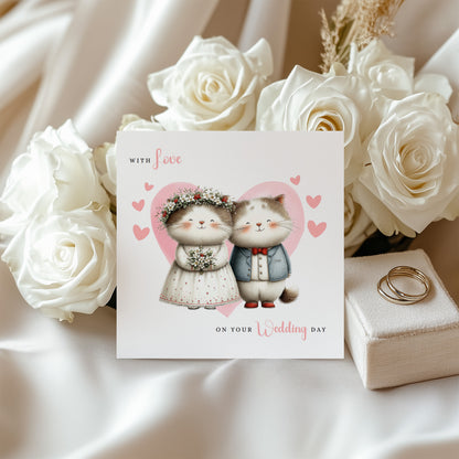 Cute Cat Wedding Card – Wedding Congratulations Card – Adorable Animal Wedding Card – Romantic Wedding Day Card for Newlywed couples, Animal Lovers, Him or Her – Pink Envelope Included