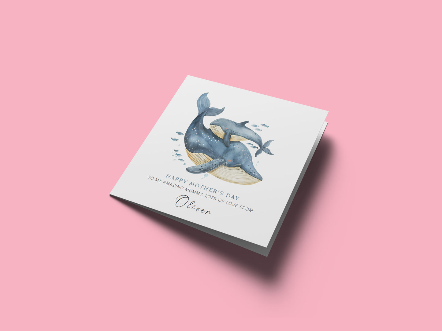 Personalised Happy Mother's Day Card with Custom Name for Mummy, Mama, Mother to be, Step-Mum, Grandma, Ocean Lover from Children, Son & Daughter – Beautiful Whale Mum & Kid - Pink Envelope Included