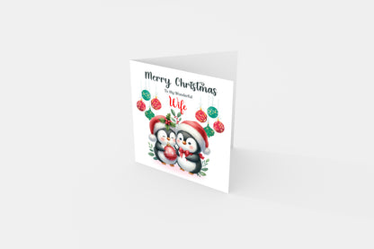 Cute Penguin Couple Merry Christmas Card – Penguins Xmas Card for Him or Her  – 6 Options Available: Boyfriend, Girlfriend, Husband, Wife, Fiancé & Fiancée – Red Envelope Included