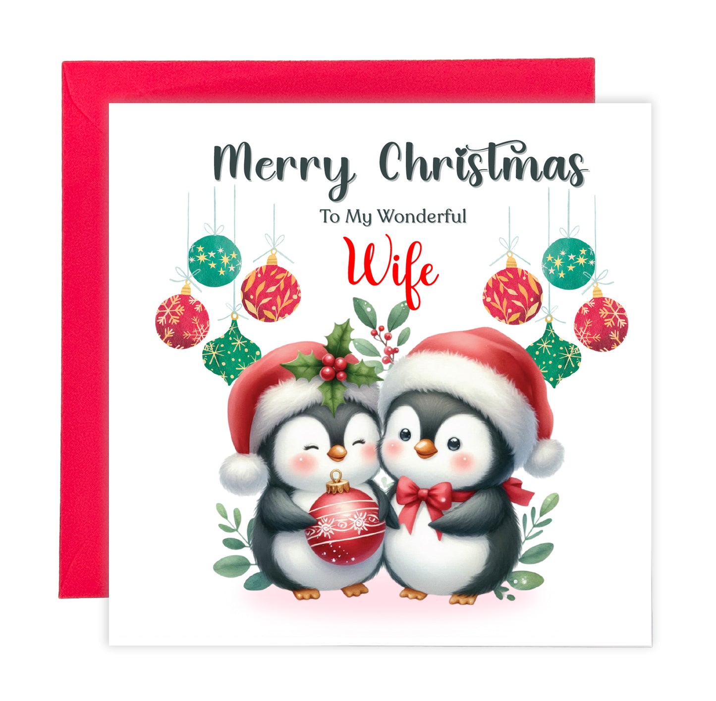 Cute Penguin Couple Merry Christmas Card – Penguins Xmas Card for Him or Her  – 6 Options Available: Boyfriend, Girlfriend, Husband, Wife, Fiancé & Fiancée – Red Envelope Included