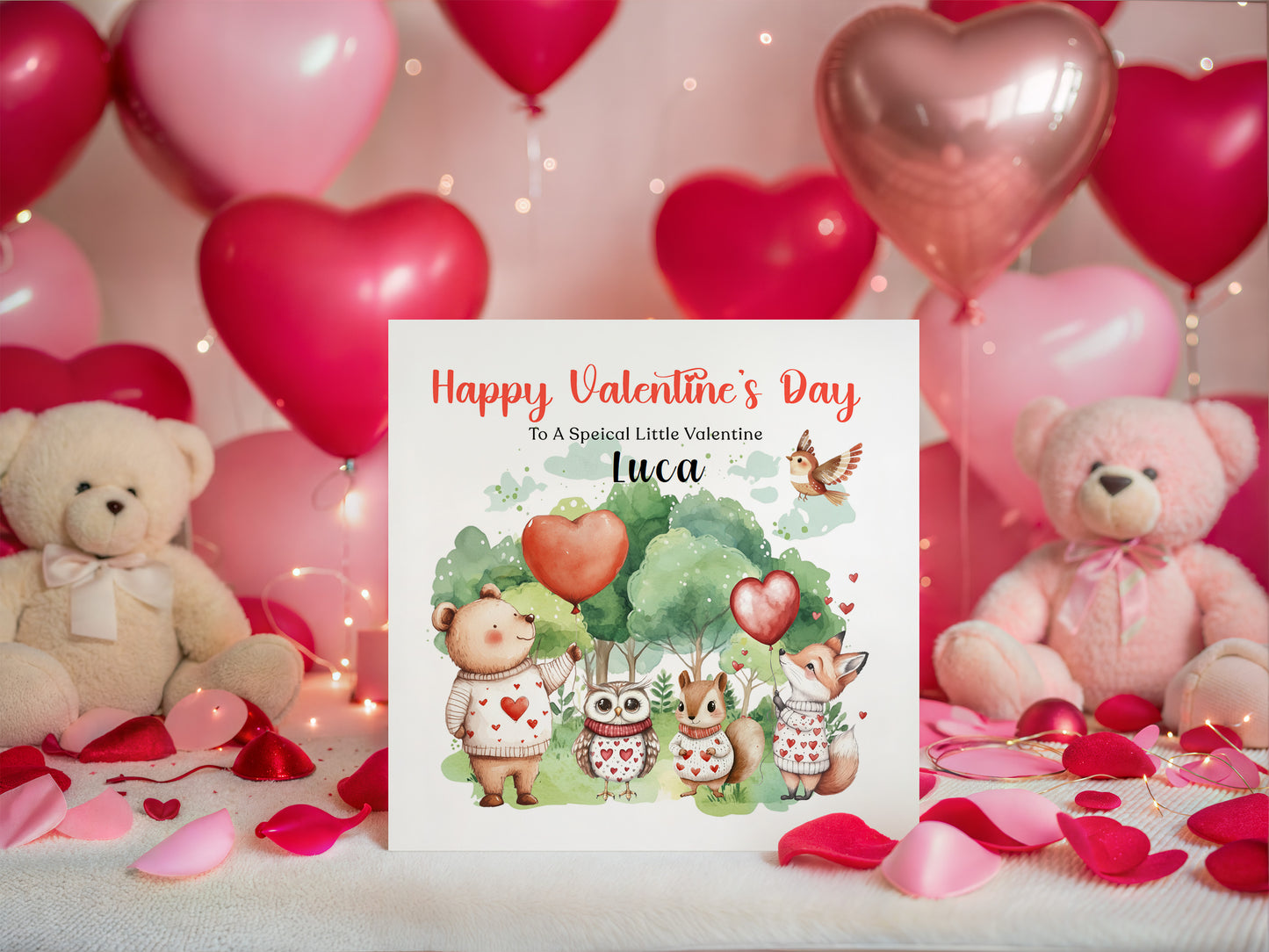 Personalised Valentine’s Day Card with Woodland Animals Design - Custom Name & Message - For Baby Boy, Girl, Toddler, Kids, Grandson, Granddaughter, Son, Daughter, Niece & Nephew with Red Envelope