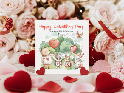 Personalised Valentine’s Day Card with Woodland Animals Design - Custom Name & Message - For Baby Boy, Girl, Toddler, Kids, Grandson, Granddaughter, Son, Daughter, Niece & Nephew with Red Envelope