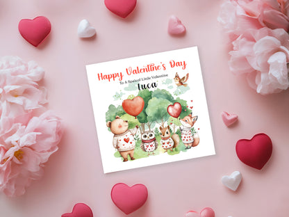 Personalised Valentine’s Day Card with Woodland Animals Design - Custom Name & Message - For Baby Boy, Girl, Toddler, Kids, Grandson, Granddaughter, Son, Daughter, Niece & Nephew with Red Envelope