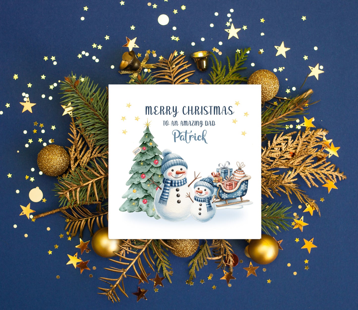 Personalised Christmas Card for Dad 2025 – Custom Name Xmas Card for an Amazing Dad – Cute Snowman & Tree Design – Festive Holiday Greeting Card with Blue Envelope – Gift from Son or Daughter