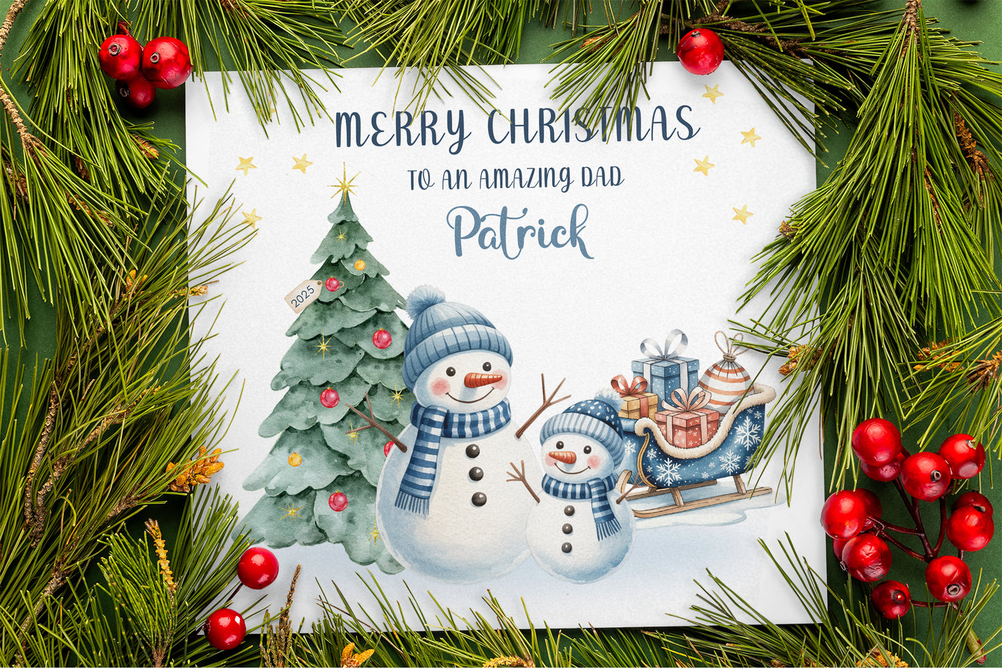 Personalised Christmas Card for Dad 2025 – Custom Name Xmas Card for an Amazing Dad – Cute Snowman & Tree Design – Festive Holiday Greeting Card with Blue Envelope – Gift from Son or Daughter