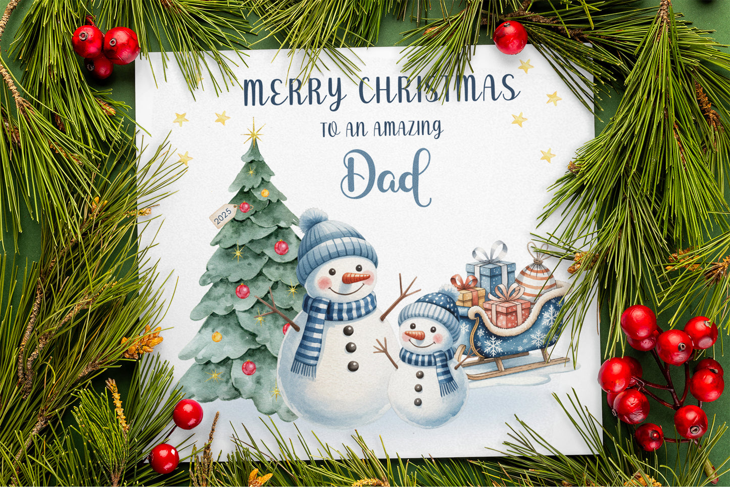 Christmas Card for Dad 2025 – Cute Snowman Xmas Card for father, Parents, Family  – Xmas Card from Son, Daughter, Kids, 1st, 2nd, 3rd, 4th etc Christmas as a Dad - Blue Envelope Included