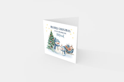 Personalised Christmas Card for Dad 2025 – Custom Name Xmas Card for an Amazing Dad – Cute Snowman & Tree Design – Festive Holiday Greeting Card with Blue Envelope – Gift from Son or Daughter