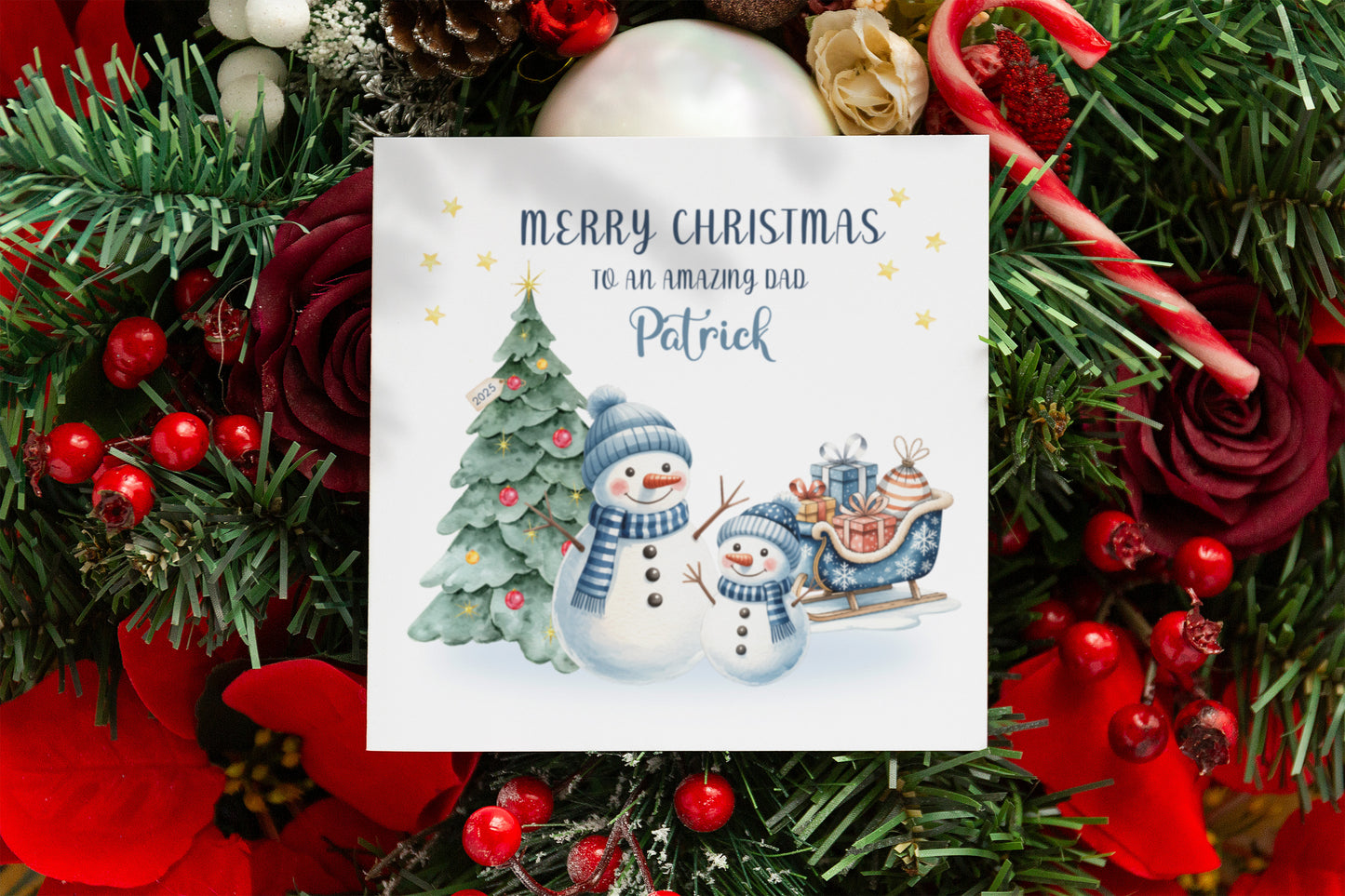 Personalised Christmas Card for Dad 2025 – Custom Name Xmas Card for an Amazing Dad – Cute Snowman & Tree Design – Festive Holiday Greeting Card with Blue Envelope – Gift from Son or Daughter