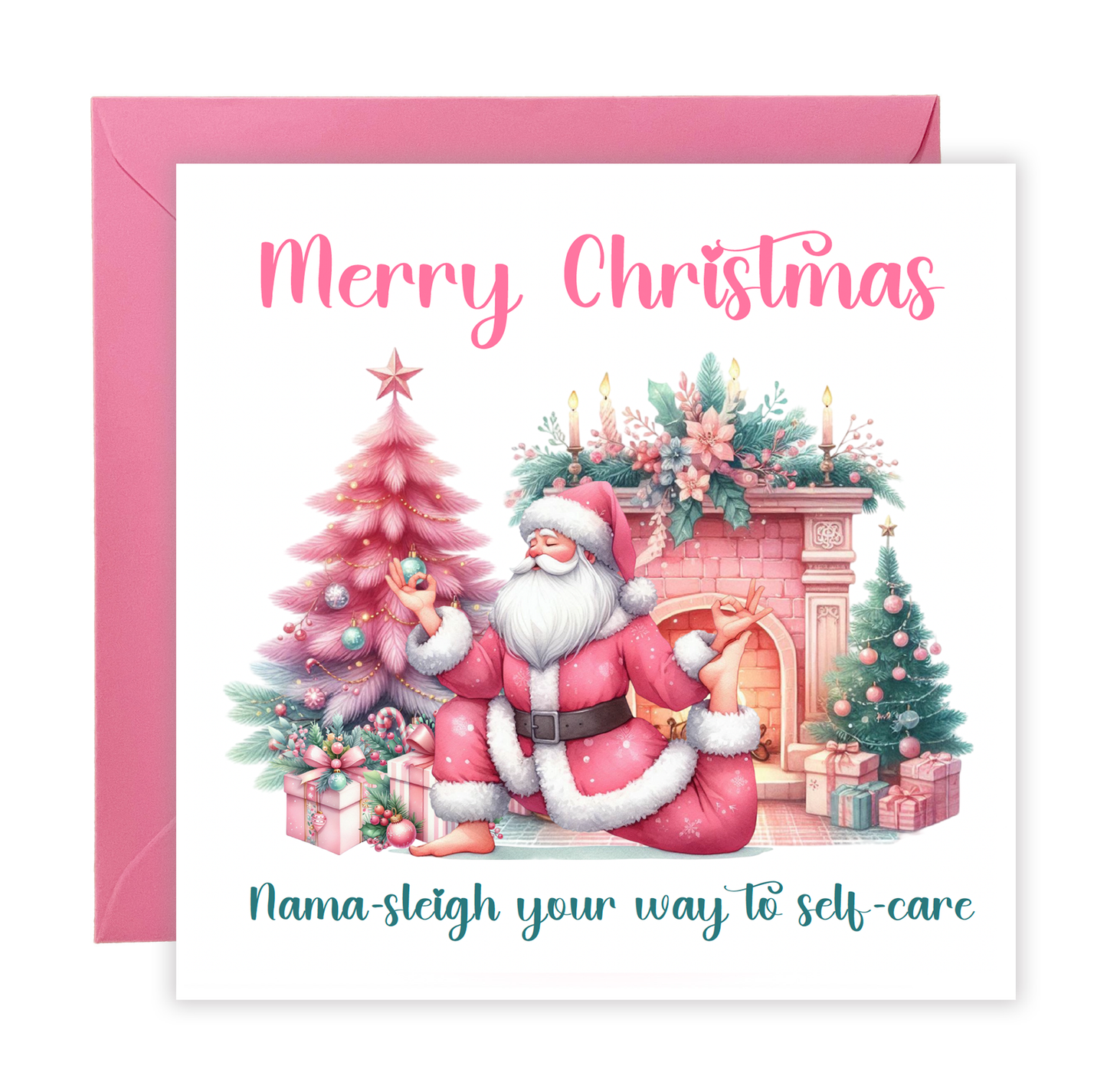 Funny Christmas Card for Her, Girls and Women – Pink Santa Yoga Card for Self Love, Mindfulness & Self Care - Xmas Card for Wife, Girlfriend, Sister, Mum, Co-workers - Pink Envelope Included