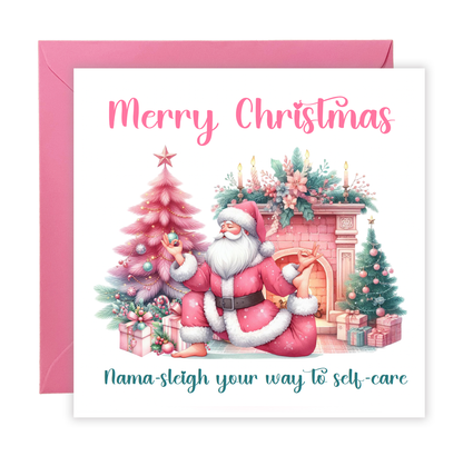 Funny Christmas Card for Her, Girls and Women – Pink Santa Yoga Card for Self Love, Mindfulness & Self Care - Xmas Card for Wife, Girlfriend, Sister, Mum, Co-workers - Pink Envelope Included
