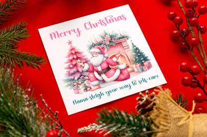 Funny Christmas Card for Her, Girls and Women – Pink Santa Yoga Card for Self Love, Mindfulness & Self Care - Xmas Card for Wife, Girlfriend, Sister, Mum, Co-workers - Pink Envelope Included