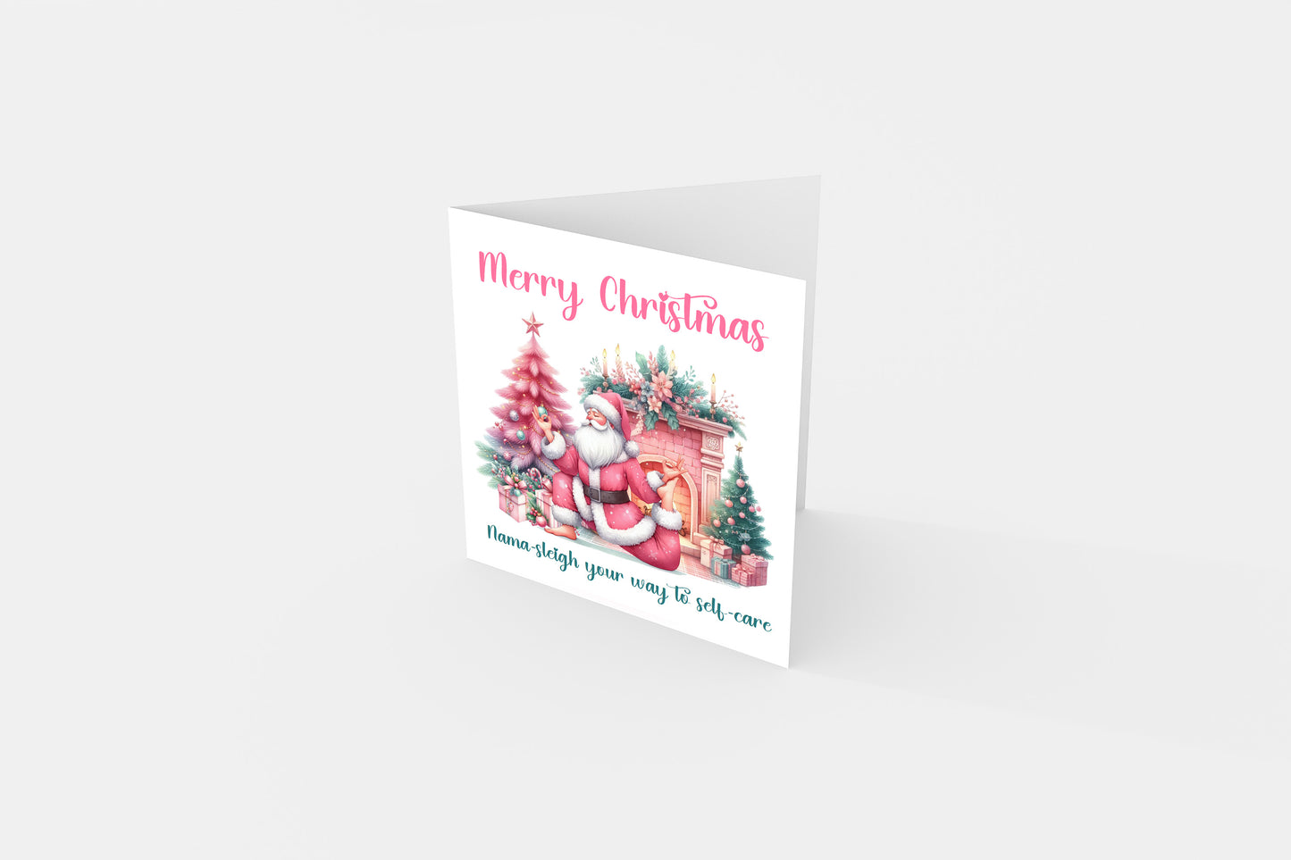 Funny Christmas Card for Her, Girls and Women – Pink Santa Yoga Card for Self Love, Mindfulness & Self Care - Xmas Card for Wife, Girlfriend, Sister, Mum, Co-workers - Pink Envelope Included