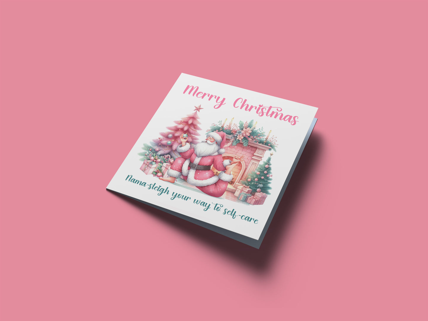 Funny Christmas Card for Her, Girls and Women – Pink Santa Yoga Card for Self Love, Mindfulness & Self Care - Xmas Card for Wife, Girlfriend, Sister, Mum, Co-workers - Pink Envelope Included